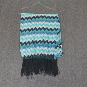 RUE21 WOMENS Y2K TEAL BLUE WHITE BLACK SHEER CHEVRON FRINGE SCARF  34×68